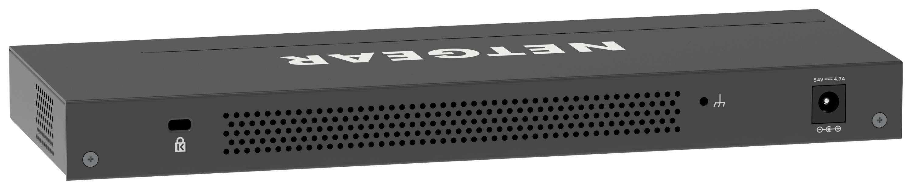 Dispositivo di rete NETGEAR nero con fessure di ventilazione e connessione di rete. Design piatto e rettangolare.
