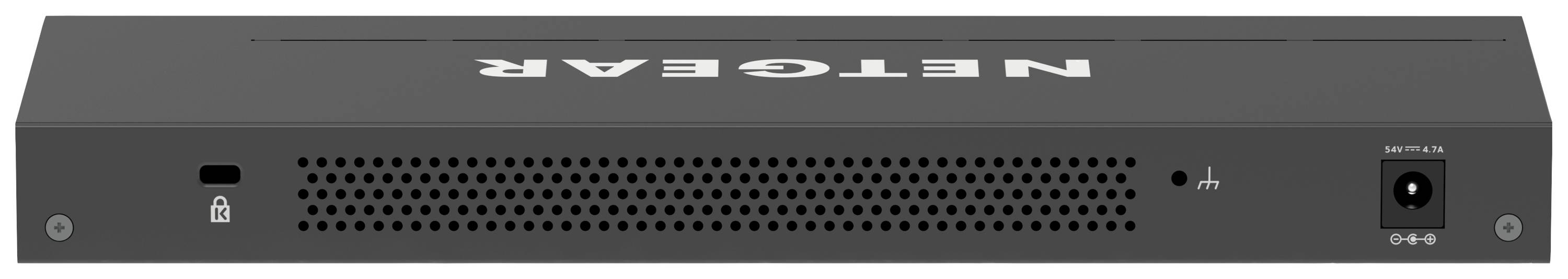 Un modem nero per rete con logo aziendale sulla parte superiore. Una serie di fessure di ventilazione è presente sul lato anteriore.