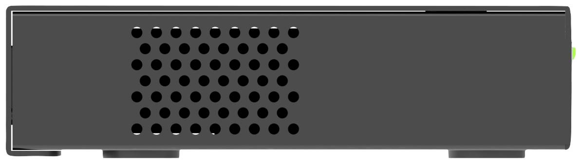 Una scatola nera con fori di ventilazione sul davanti, probabilmente un dispositivo elettronico come un ricevitore o un router.