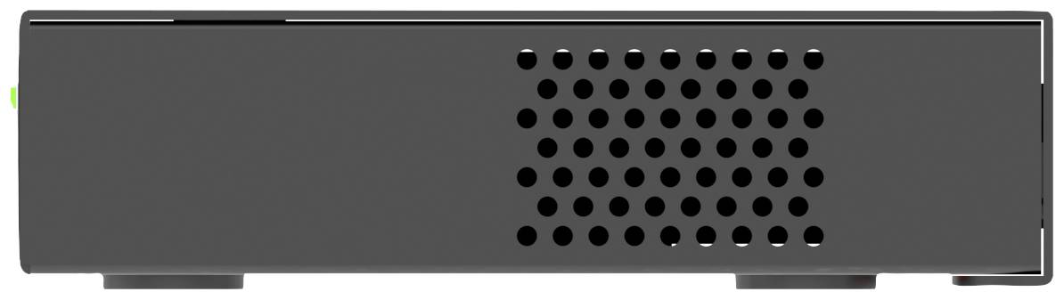 Un dispositivo elettronico nero di forma rettangolare con fessure di ventilazione sul lato destro.