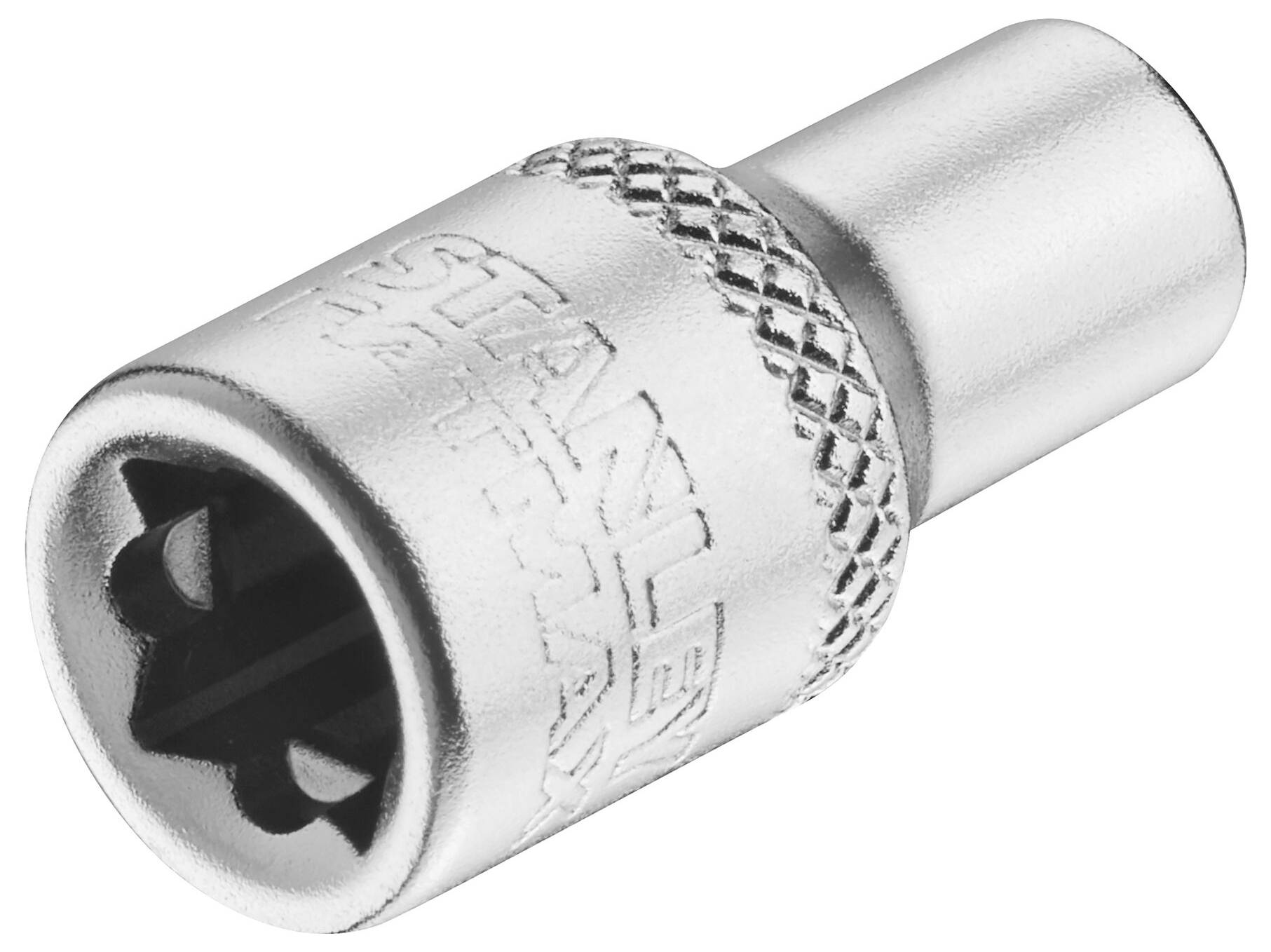 Un inserto chiave a bussola d'argento, quadrato, con marcature sul lato. Utilizzato per lavori meccanici come lo svitamento di viti.