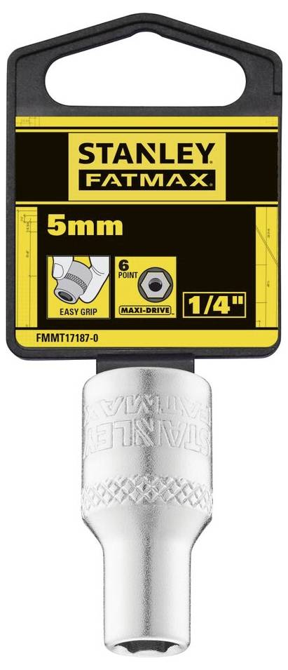 'STANLEY FatMax' Dado, 5mm, attacco 1/4", profilo a 6 punti, impugnatura ergonomica. Confezione che mostra il design dell'impugnatura dello strumento.