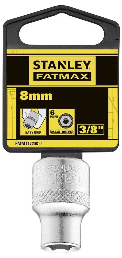 Un dado per chiave a cricchetto Stanley Fatmax, 8 mm, 3/8 di pollice, con funzione Maxi-Drive a 6 punti per una presa salda.