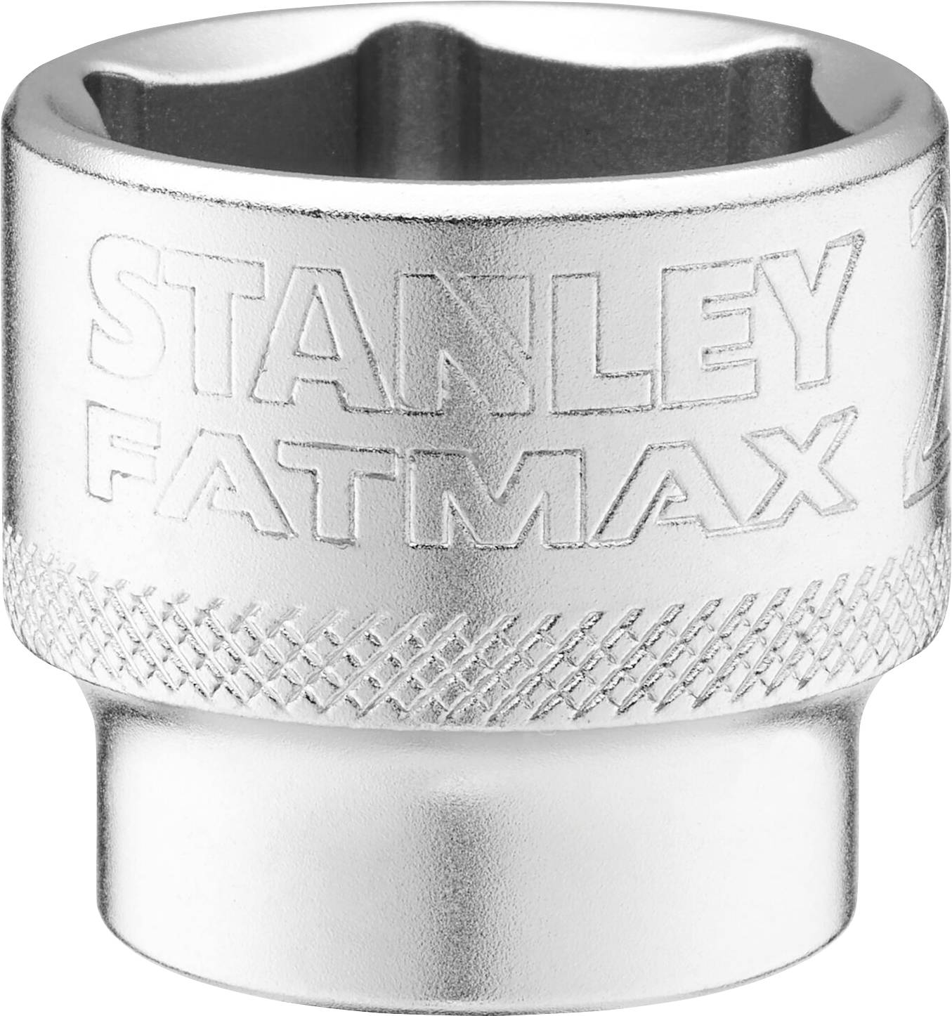 Dado metallico con incisione 'Stanley FatMax', presenta scanalature per una presa migliore, simboleggia utensili manuali robusti.