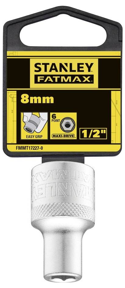 Un inserto per bussola da 8 mm della marca Stanley Fatmax con 'Easy Grip' e 'Maxi-Drive' per attacchi da 1/2 pollice, adatto per riparazioni.