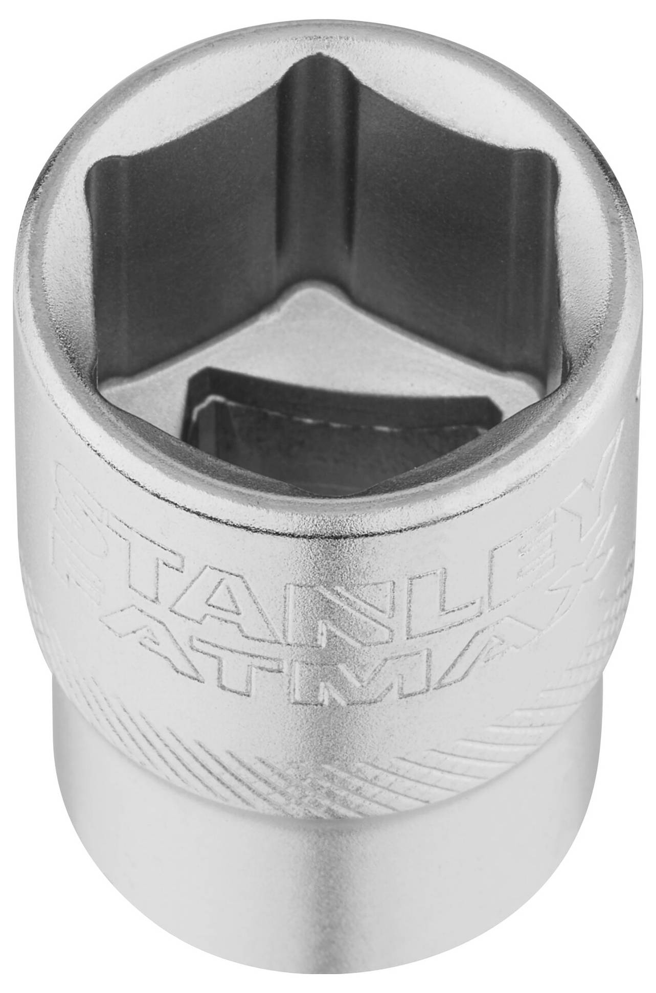 Un dado a bussola metallico esagonale, adatto per allentare e serrare dadi e viti. Incisione "STANLEY FATMAX" sul lato.
