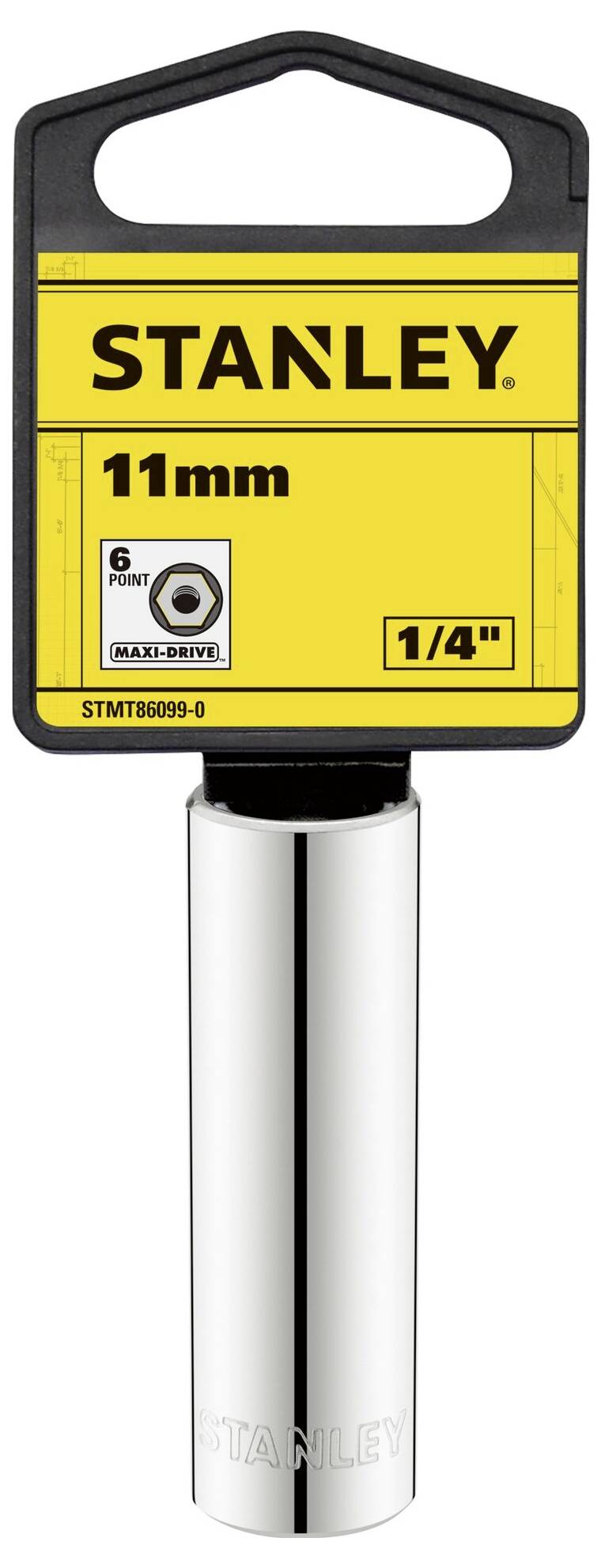 Bussola in metallo Stanley, 11 mm, attacco da 1/4 di pollice. Adatta per viti con profilo esagonale. Confezione riporta il marchio 'STANLEY'.
