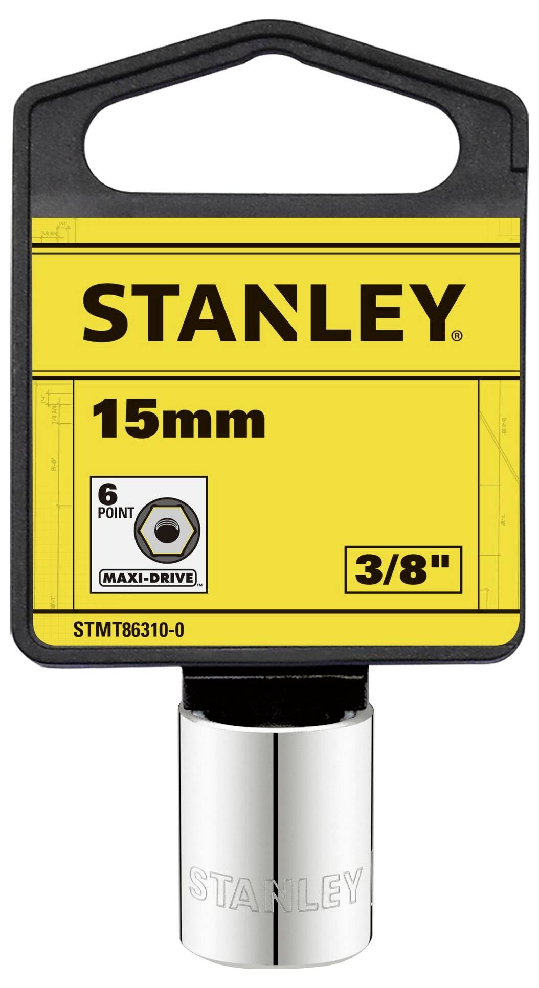 Chiave a bussola 'STANLEY' da 15 mm, esagonale, attacco da 3/8 di pollice, con confezione nero-gialla e tecnologia Maxi-Drive.