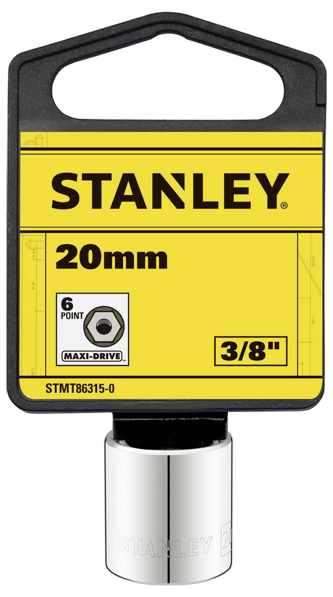 'Stanley 20mm 3/8" Inserto per chiave a bussola esagonale' con design Maxi-Drive. Etichetta nera e gialla sul supporto.