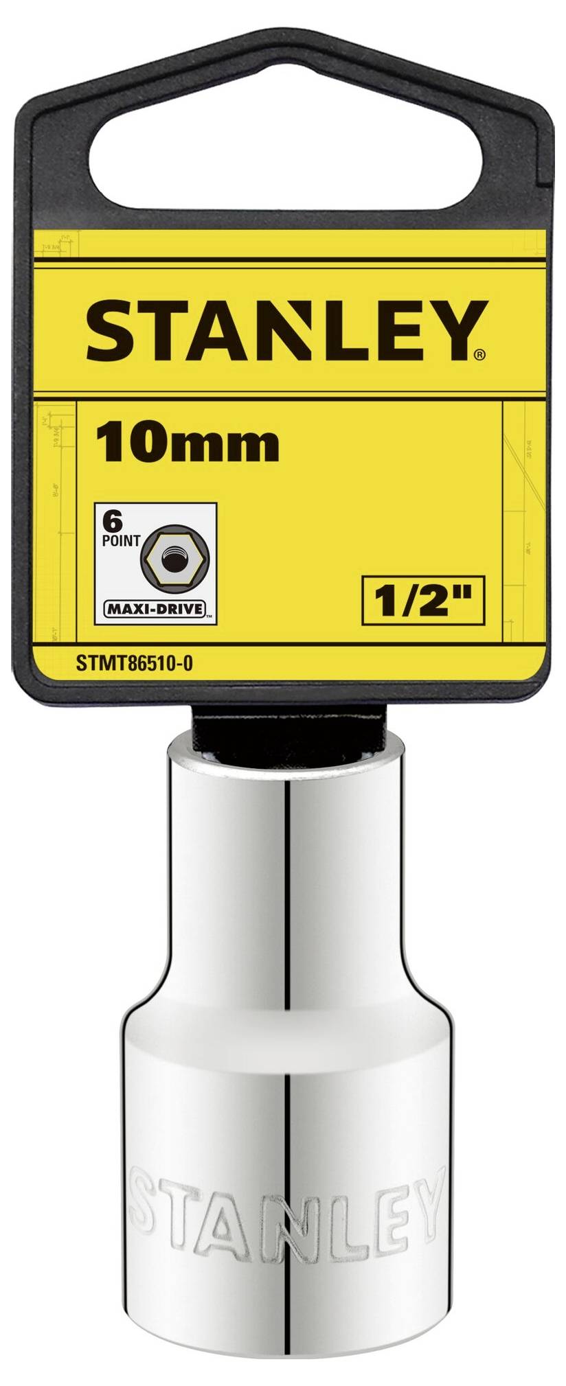 Un bussola esagonale da 10 mm del marchio Stanley, con design a 6 punti e attacco da 1/2 pollice.
