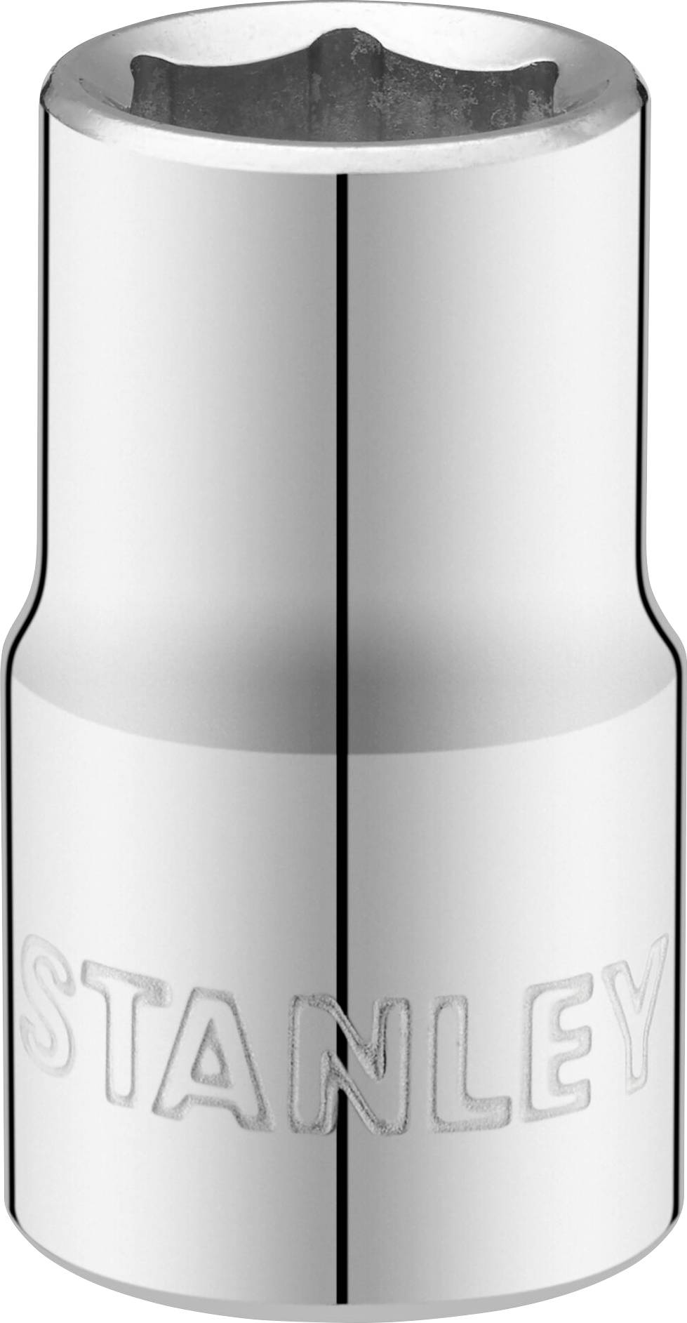Un inserto per chiave a bussola cromato della marca Stanley, dalla forma cilindrica, per lavori di avvitamento.