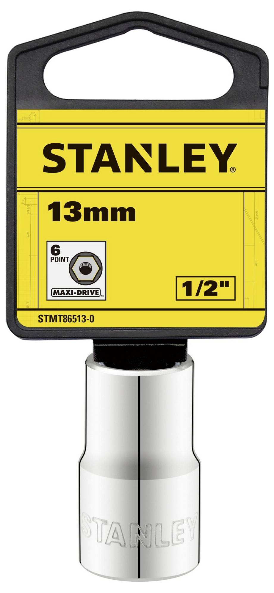 Chiave a bussola STANLEY, 13 mm, 6 punti, con attacco da 1/2". Prodotto in confezione gialla.