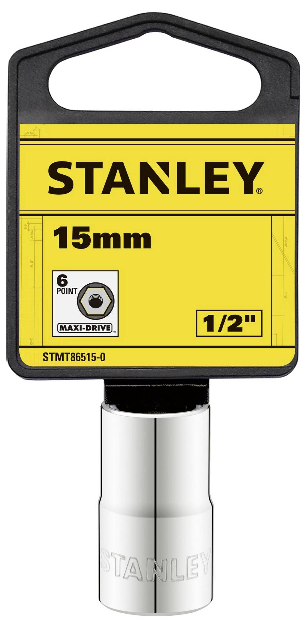 Chiave a bussola 'STANLEY' da 15 mm, esagonale, con attacco da 1/2 pollice. Prodotto in supporto giallo con logo e specifiche.