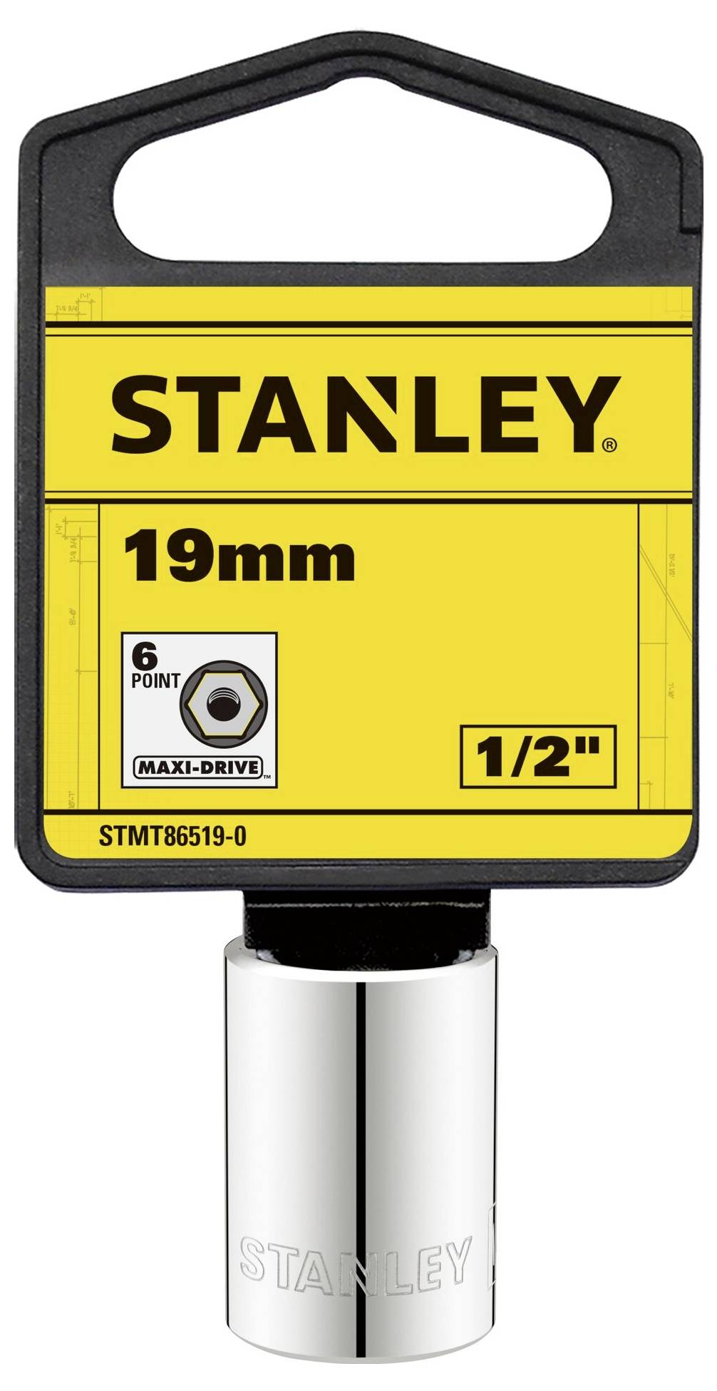 Una bussola Stanley da 19 mm di diametro, esagonale, con attacco da 1/2", mostrata su una confezione gialla.