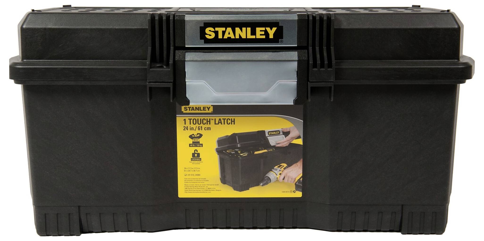 Cassetta degli attrezzi nera con logo 'STANLEY' giallo sul coperchio. Sul lato anteriore è raffigurata un'immagine di una persona che apre la scatola.