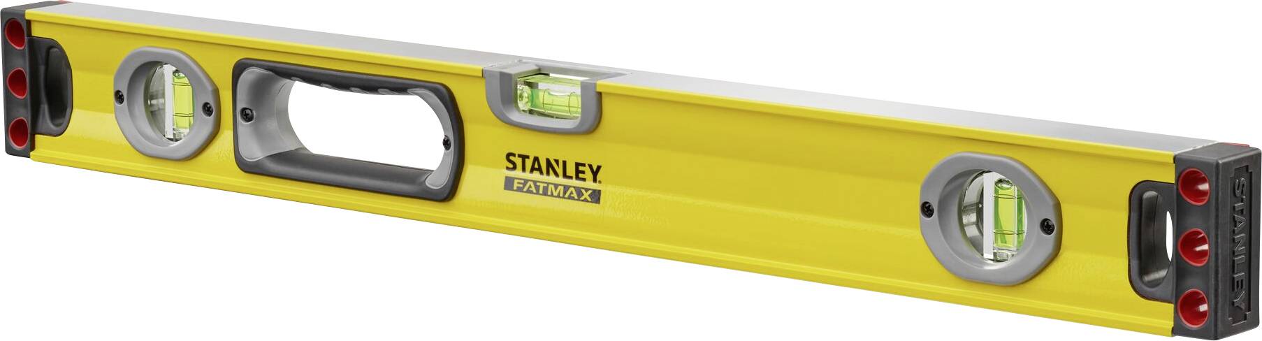 Livella a bolla di colore giallo con più bolle, contrassegnata 'STANLEY FATMAX', idonea per misurare la planarità.