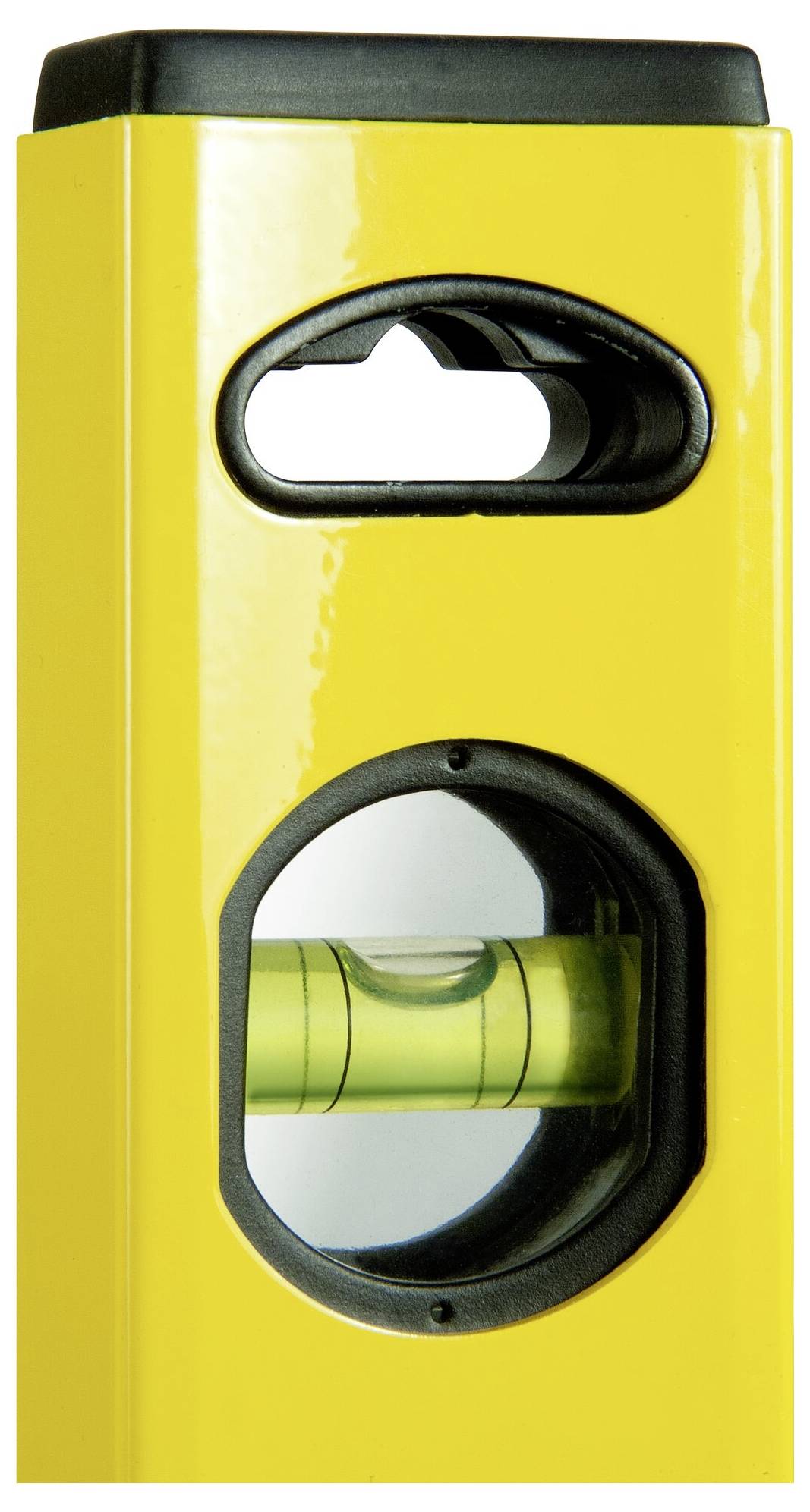 Un livello a bolla d'aria giallo con una bolla di vetro che indica con precisione l'orizzontale. Ha un foro per l'impugnatura di colore nero nella parte superiore.