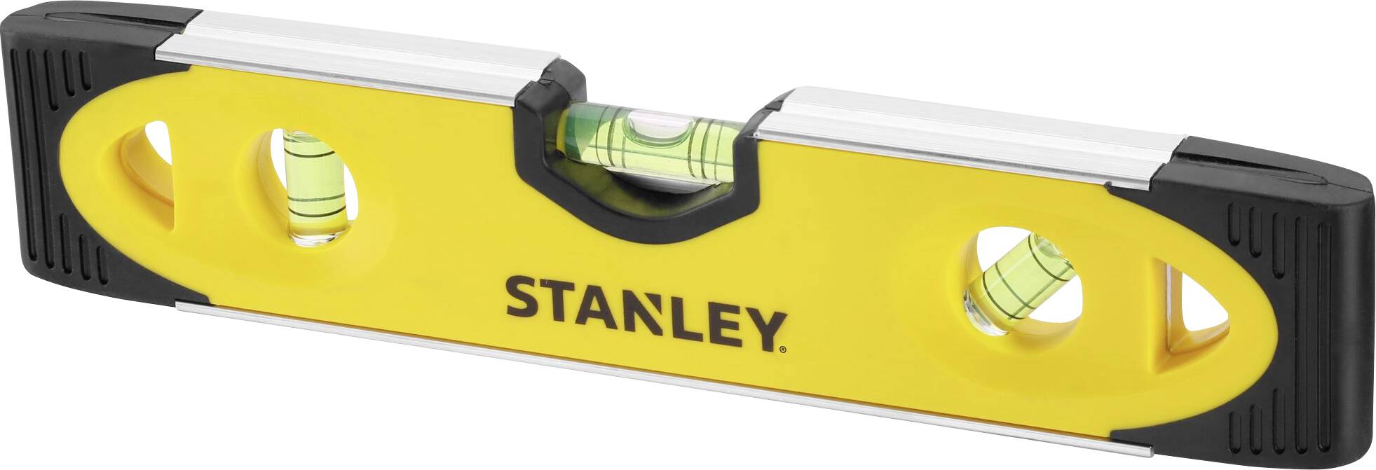Un livello a bolla di colore giallo e nero con la scritta 'Stanley'. Dispone di tre bolle per livellare le superfici.