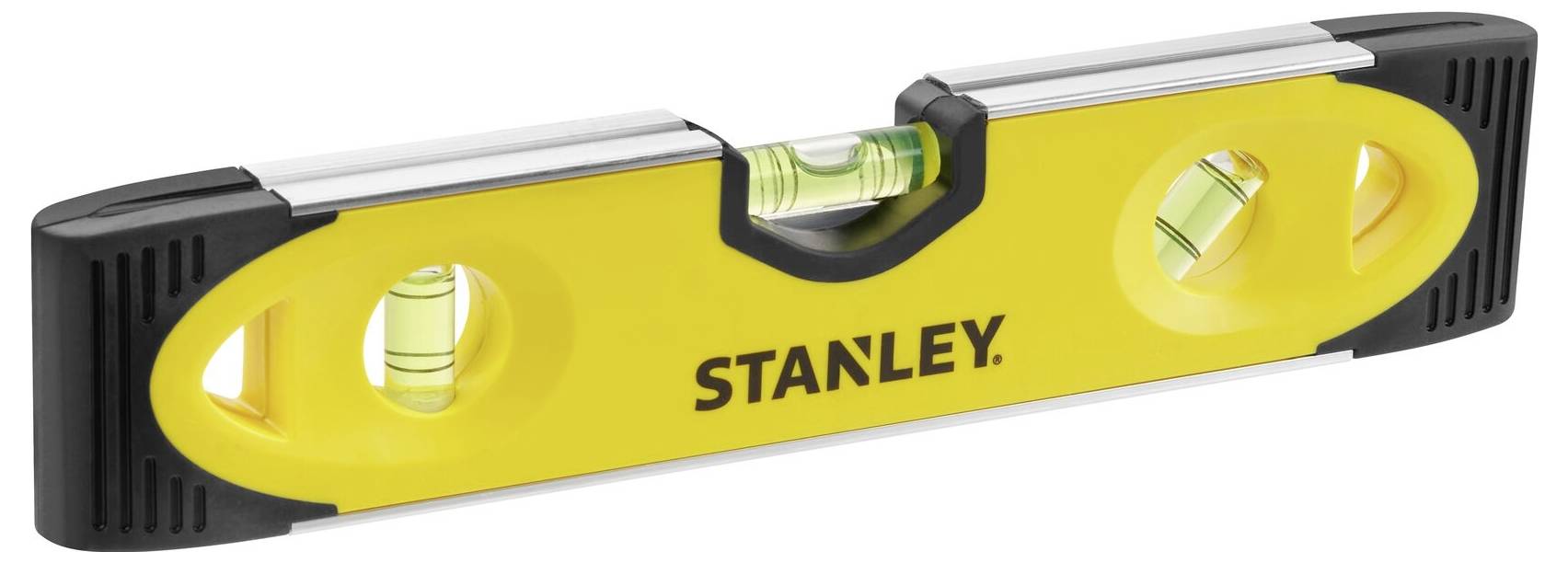 Livella a bolla Stanley di colore giallo con tre bolle per l'allineamento orizzontale e verticale degli oggetti.
