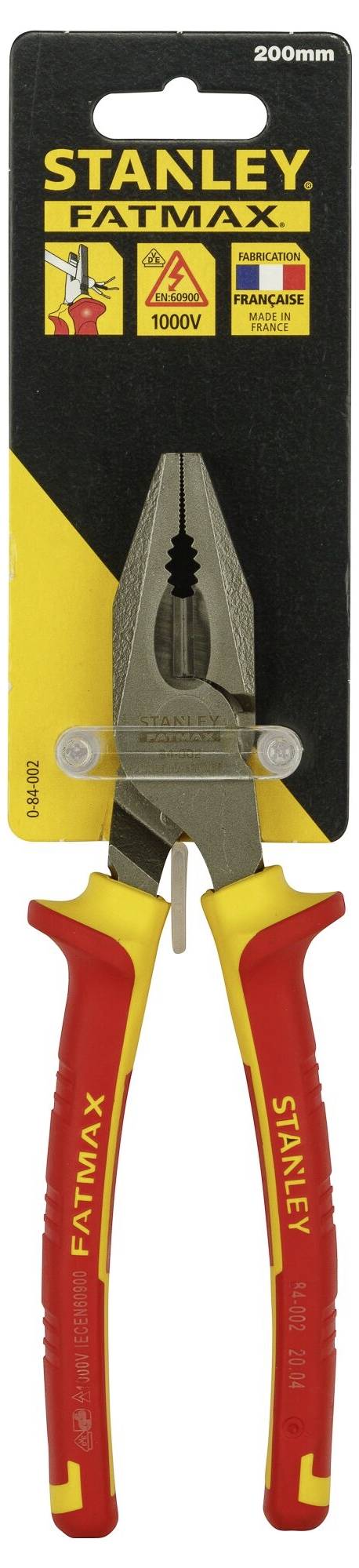 Pinza a combinazione 'Stanley Fatmax' da 200 mm con impugnature ergonomiche rosse, confezionata in un blister giallo e nero.