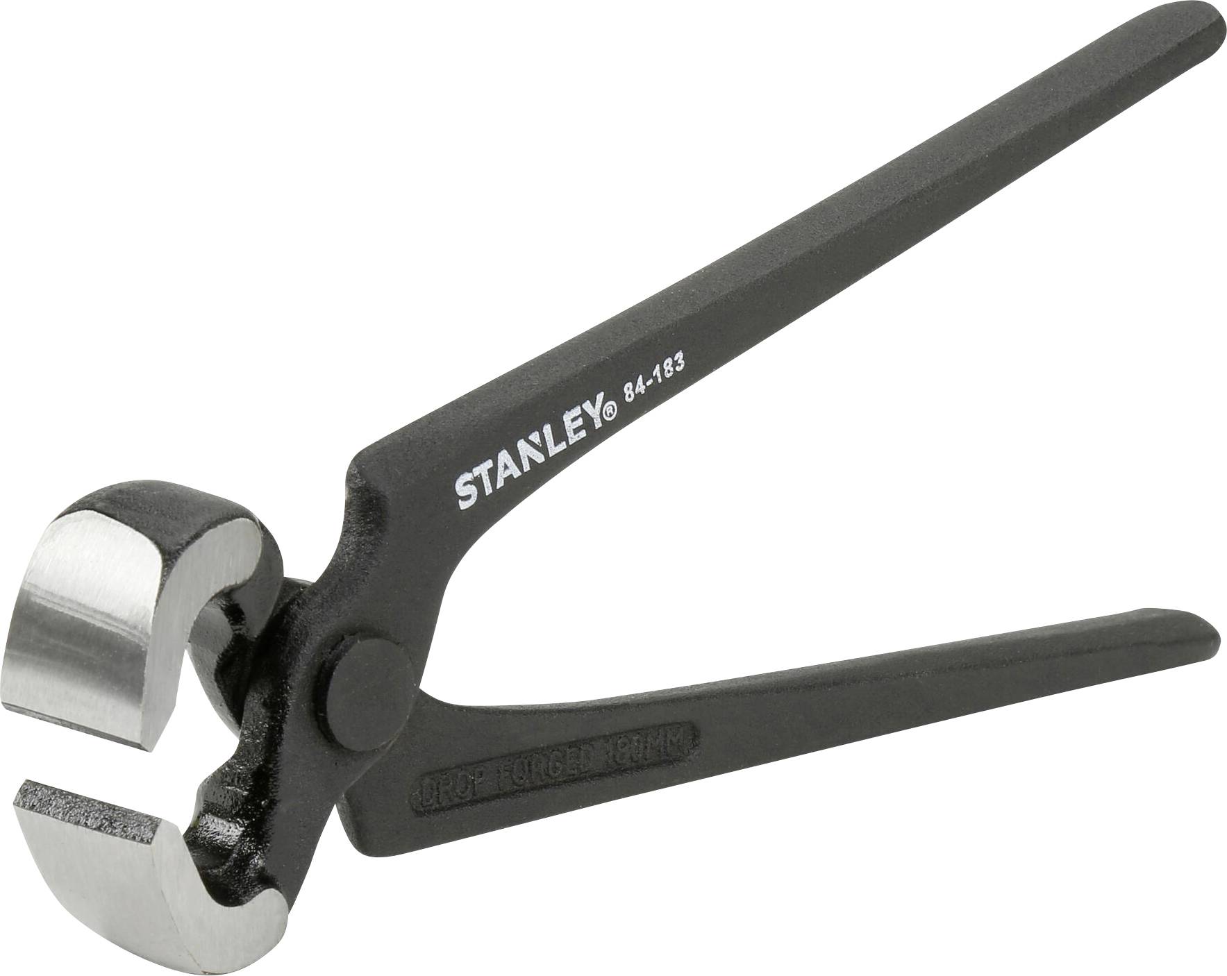 Pinza con manico nero e ganasce argentate su sfondo bianco, adatta per la lavorazione del legno o per l'estrazione di chiodi.