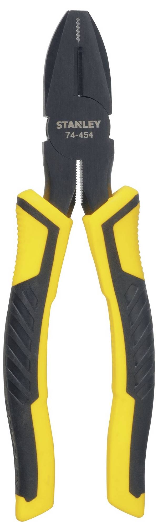 Pinza combinata gialla e nera con impugnature isolate, adatta per lavori elettrici. Marcatura 'STANLEY 74-454' sulla parte metallica.