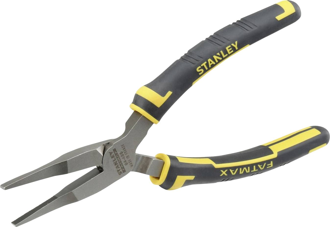 Una pinza a becchi stretti gialla e nera della marca Stanley, utilizzata per lavori di precisione, con impugnatura isolata per una presa migliore.