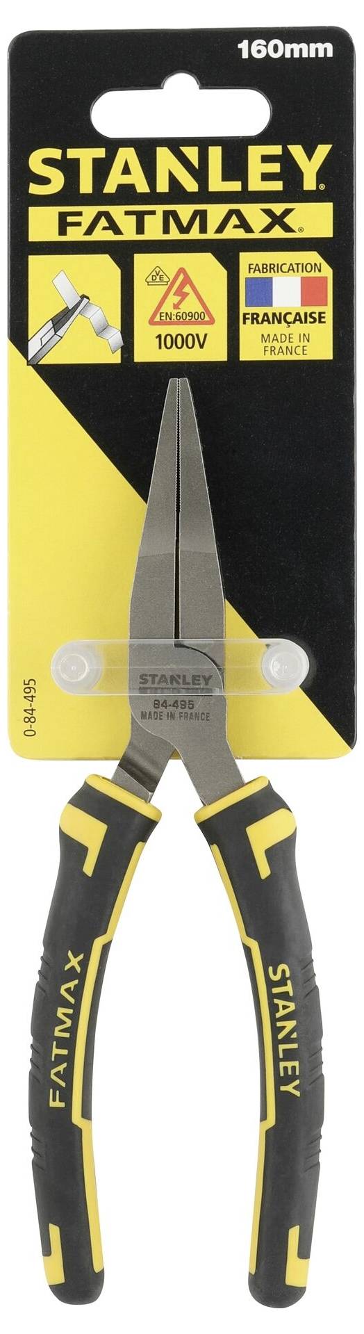 Pinza combinata 'Stanley FatMax', 160 mm, isolata fino a 1000 V, con impugnature ergonomiche, confezione con simboli di sicurezza e applicazione.