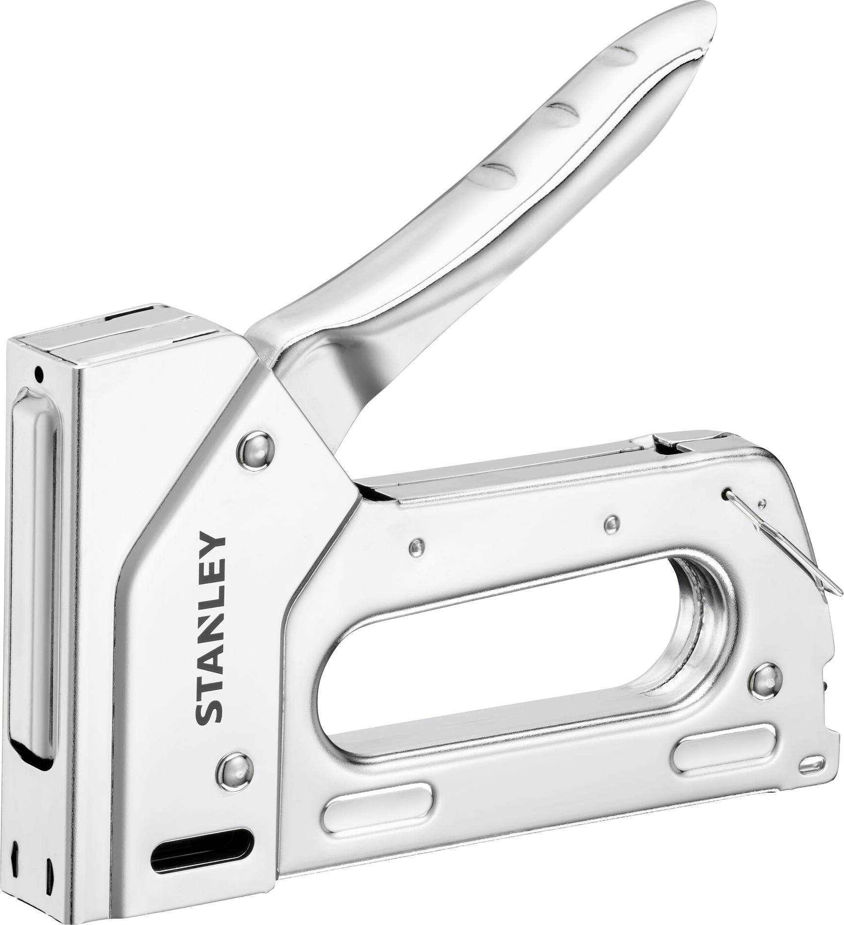 Un tacker argentato con impugnatura a leva, con la scritta 'Stanley'. Progettato per fissare materiali come tessuto o carta.