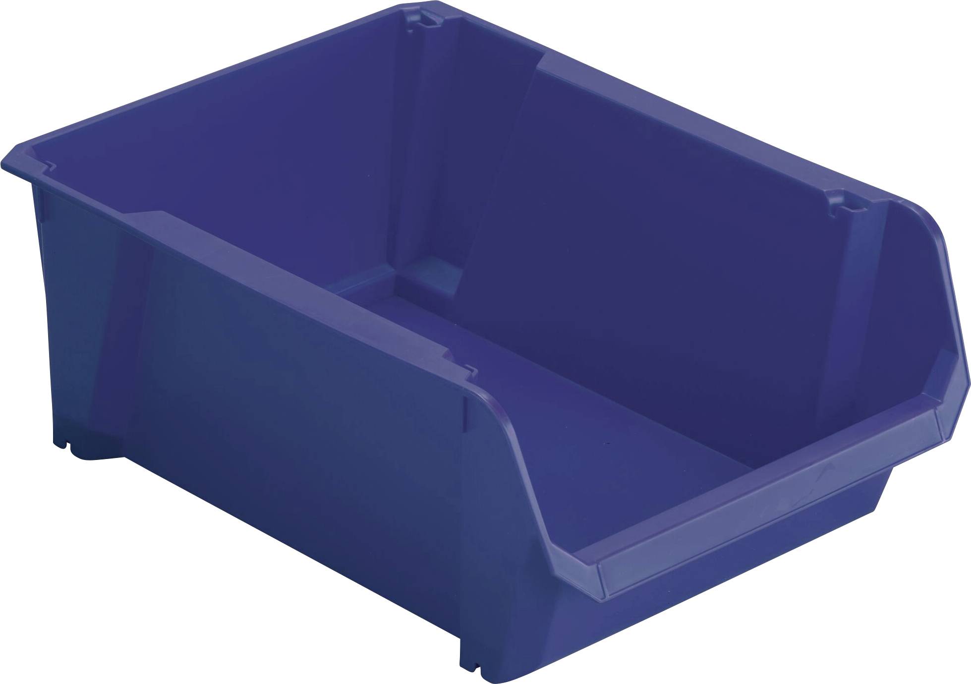 Un contenitore blu in plastica con bordo smussato, spesso utilizzato per immagazzinare o organizzare piccoli oggetti.