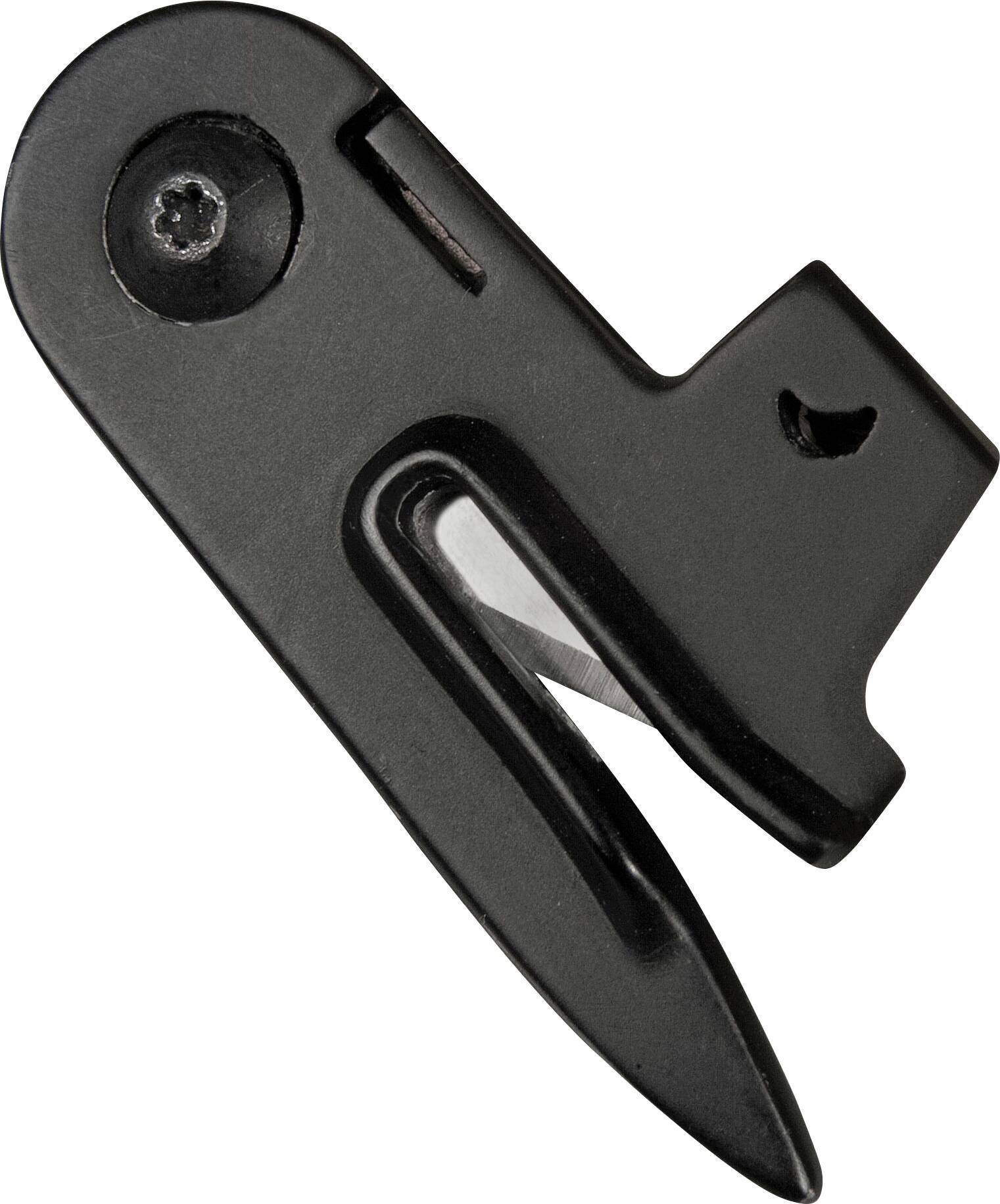 Un coltello tascabile nero in posizione chiusa. La lama è parzialmente visibile nel meccanismo, pronta per essere aperta.