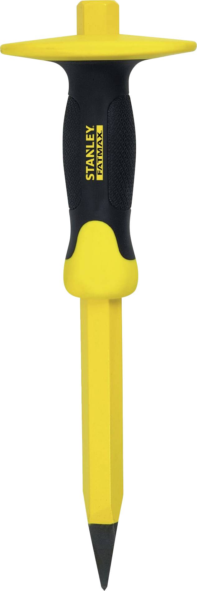 Scalpello a mano giallo con impugnatura nera, adatto per lavori pesanti. Logo Stanley ben visibile sull'impugnatura.