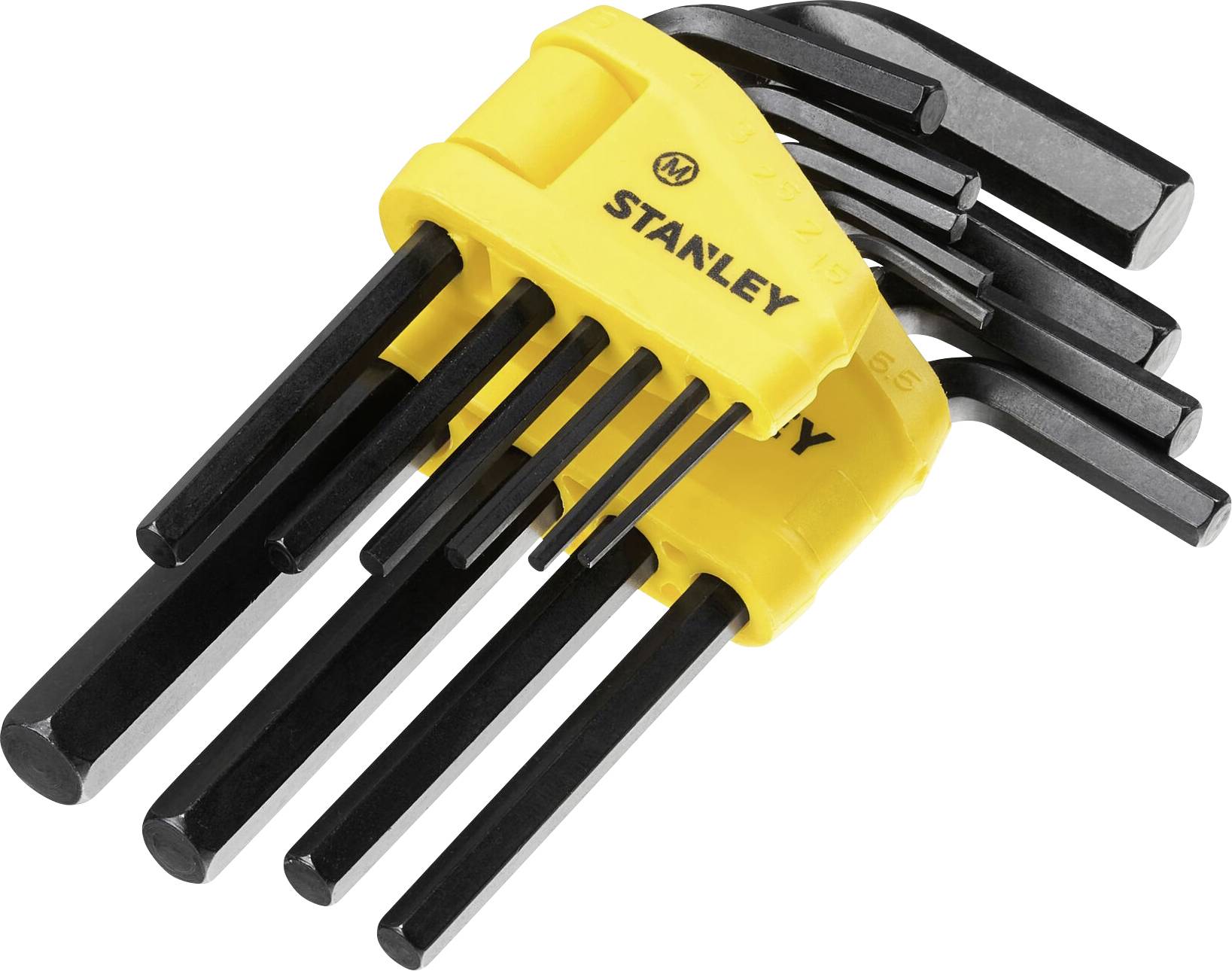 Un set di chiavi a brugola esagonali di diverse misure, tenute insieme da un supporto giallo con la scritta 'Stanley'.