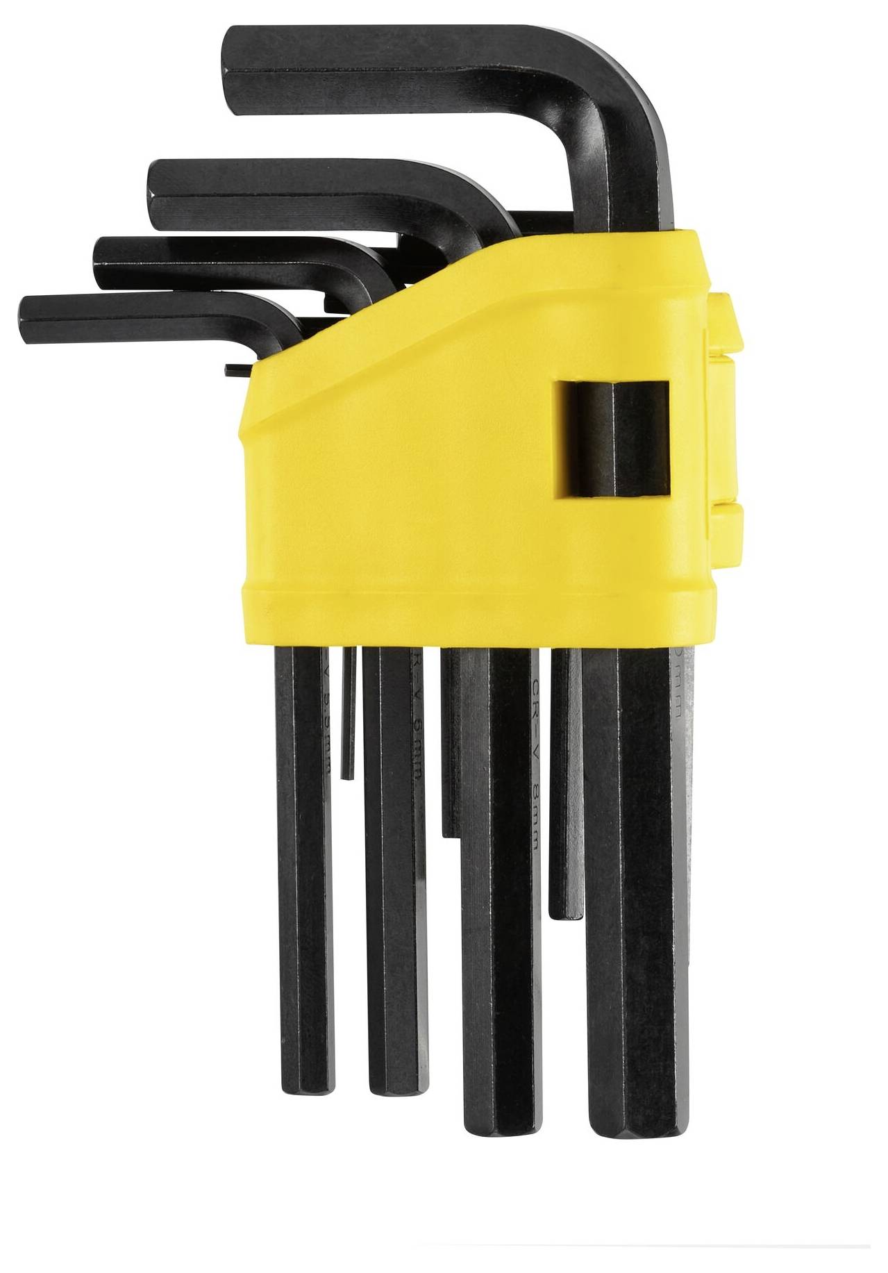 Un set di chiavi esagonali nere in un supporto giallo.