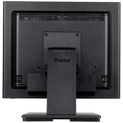 Il monitor raffigurato mostra il retro di un monitor nero iiyama con base, fessure di ventilazione e diverse porte di connessione.