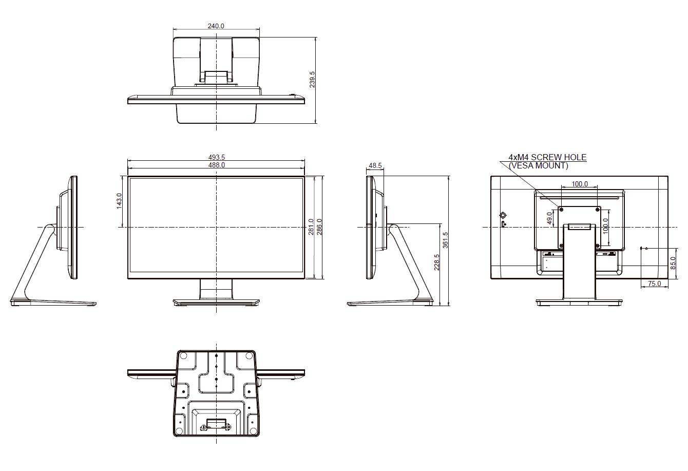 Disegno tecnico di un monitor con viste frontale, posteriore, laterale e superiore. Mostra dimensioni e informazioni di montaggio.