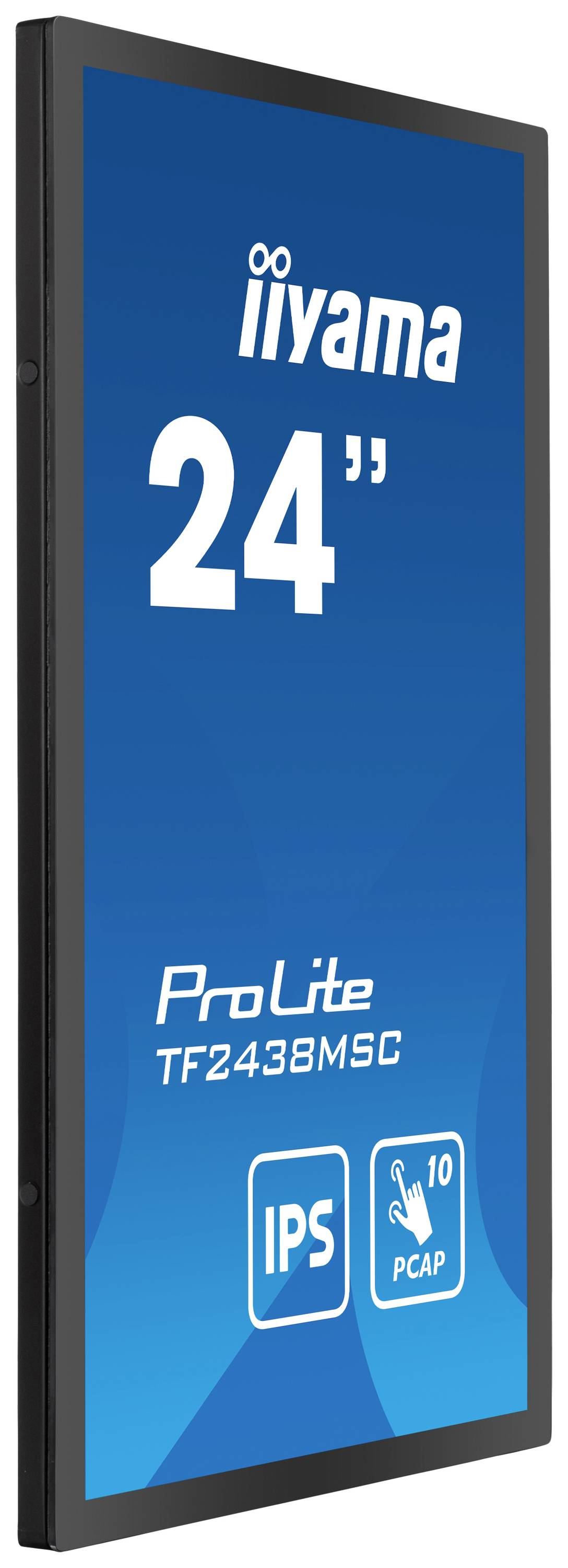 Un monitor verticale iiyama, modello ProLite TF2438MSC, da 24 pollici, con tecnologia IPS e touchscreen PCAP a 10 punti.