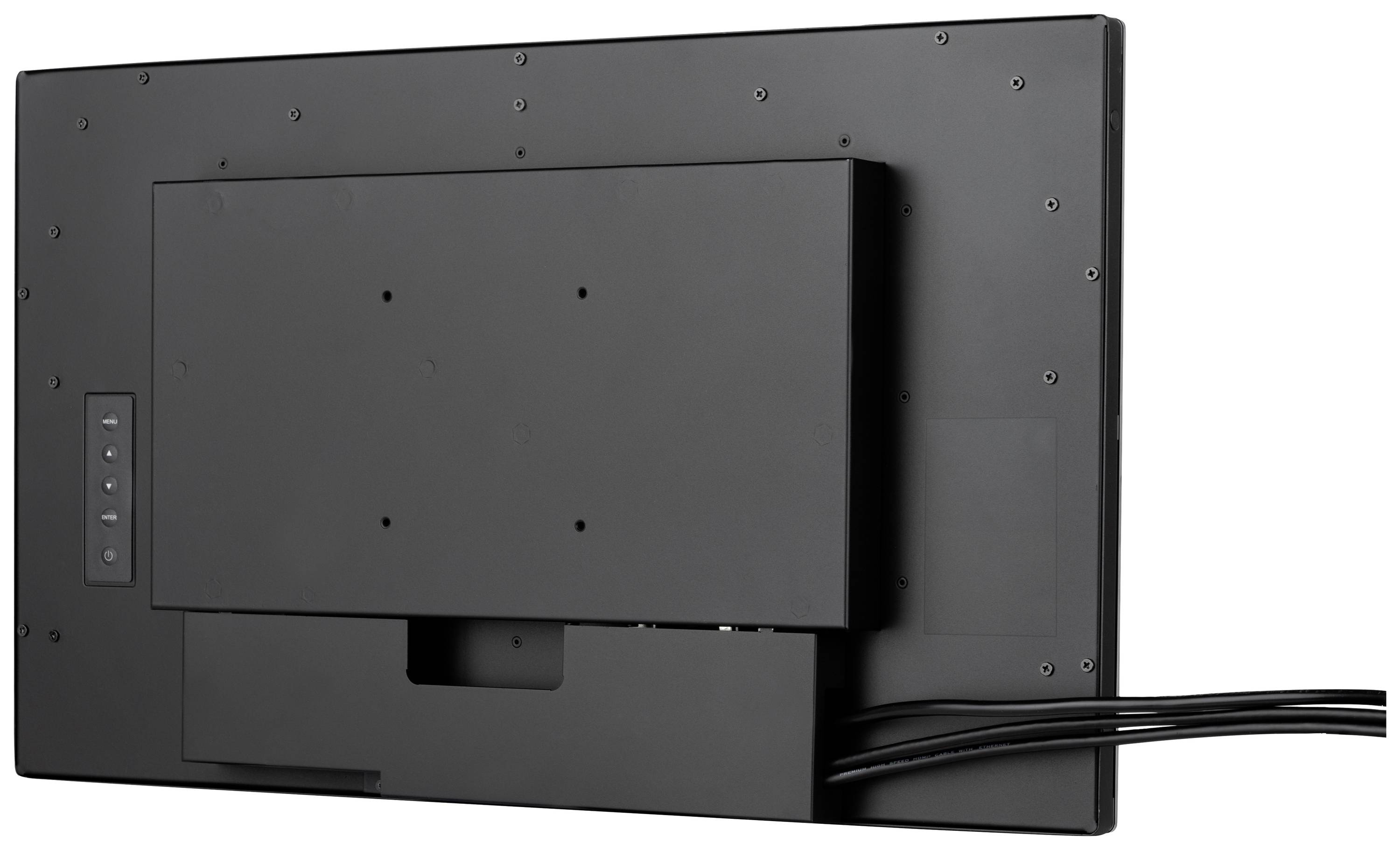 Un monitor nero e sottile visto da dietro, con diversi cavi collegati sul retro.