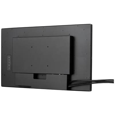 Un monitor nero e sottile visto da dietro, con diversi cavi collegati sul retro.