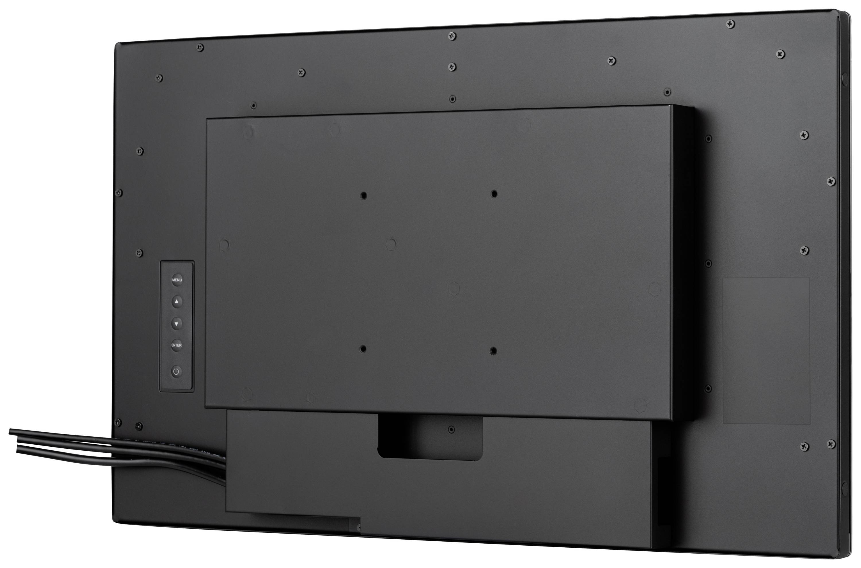 Retro di un monitor piatto con diversi cavi che sporgono a sinistra.
