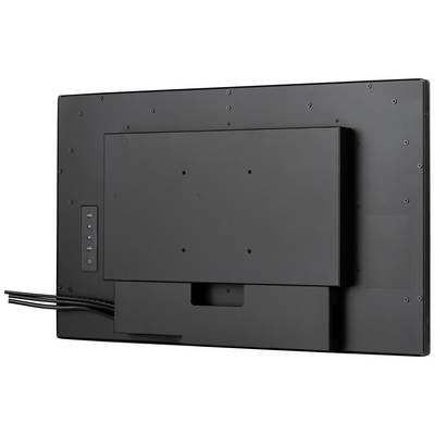 Retro di un monitor piatto con diversi cavi che sporgono a sinistra.
