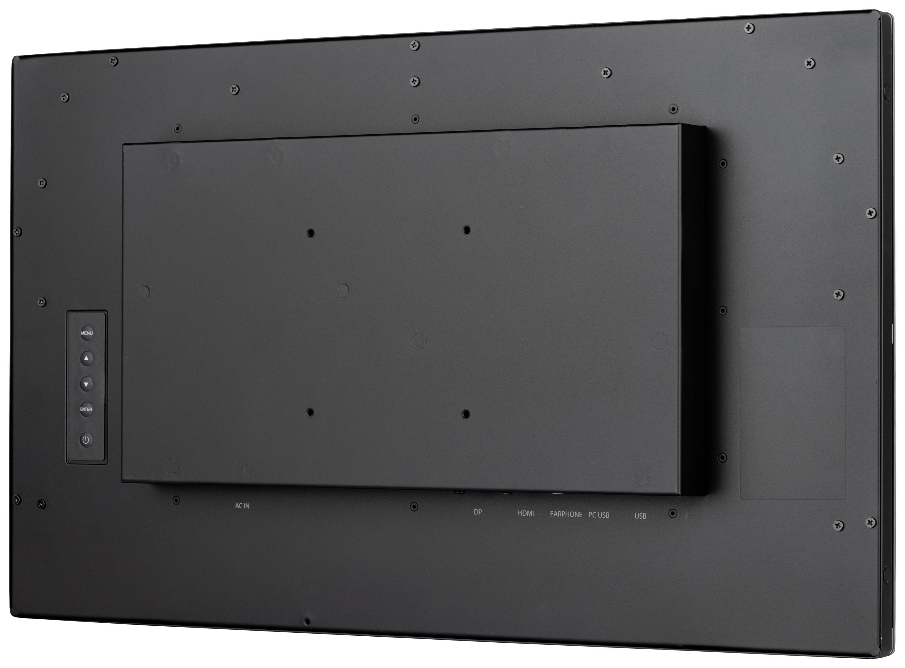 Il retro di un monitor nero piatto con diversi fori di montaggio e un tastierino sul lato sinistro.