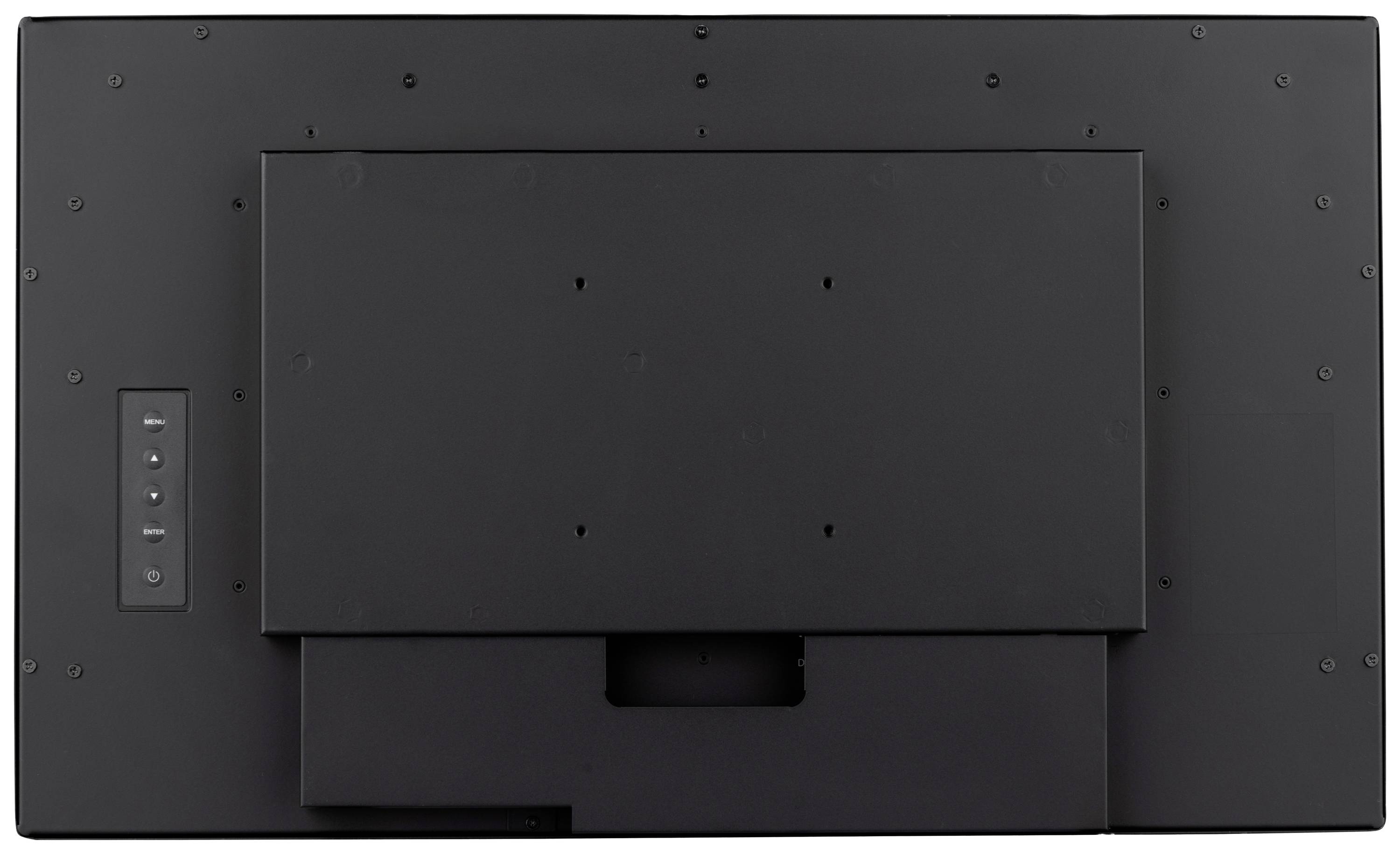 Vista posteriore di un televisore con tasti sul lato sinistro. La superficie è nera e di forma rettangolare.