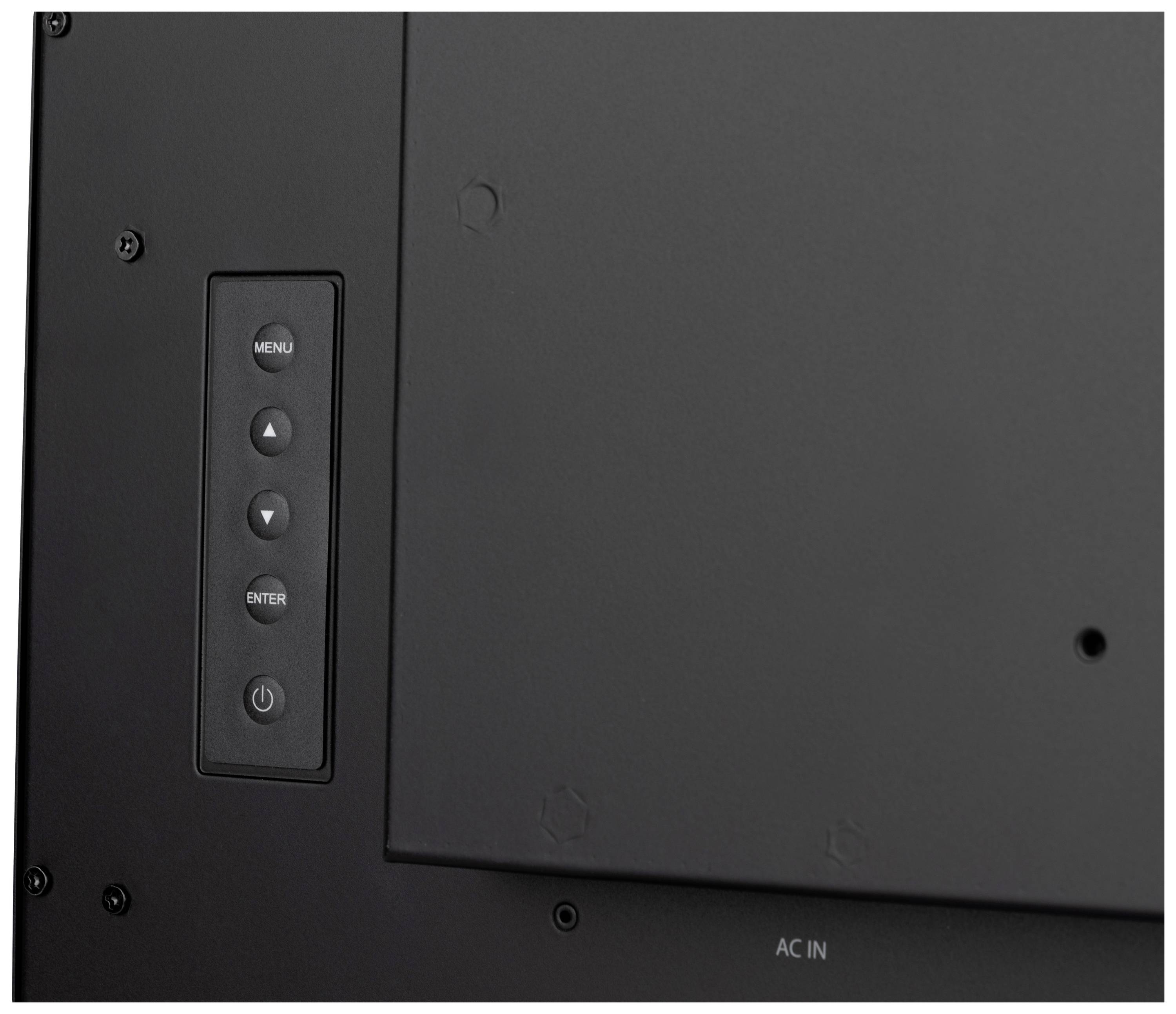 Retro di un monitor con pulsanti di controllo: Menu, Su, Giù, Invio, Acceso/Spento. Porte di connessione in basso a destra.