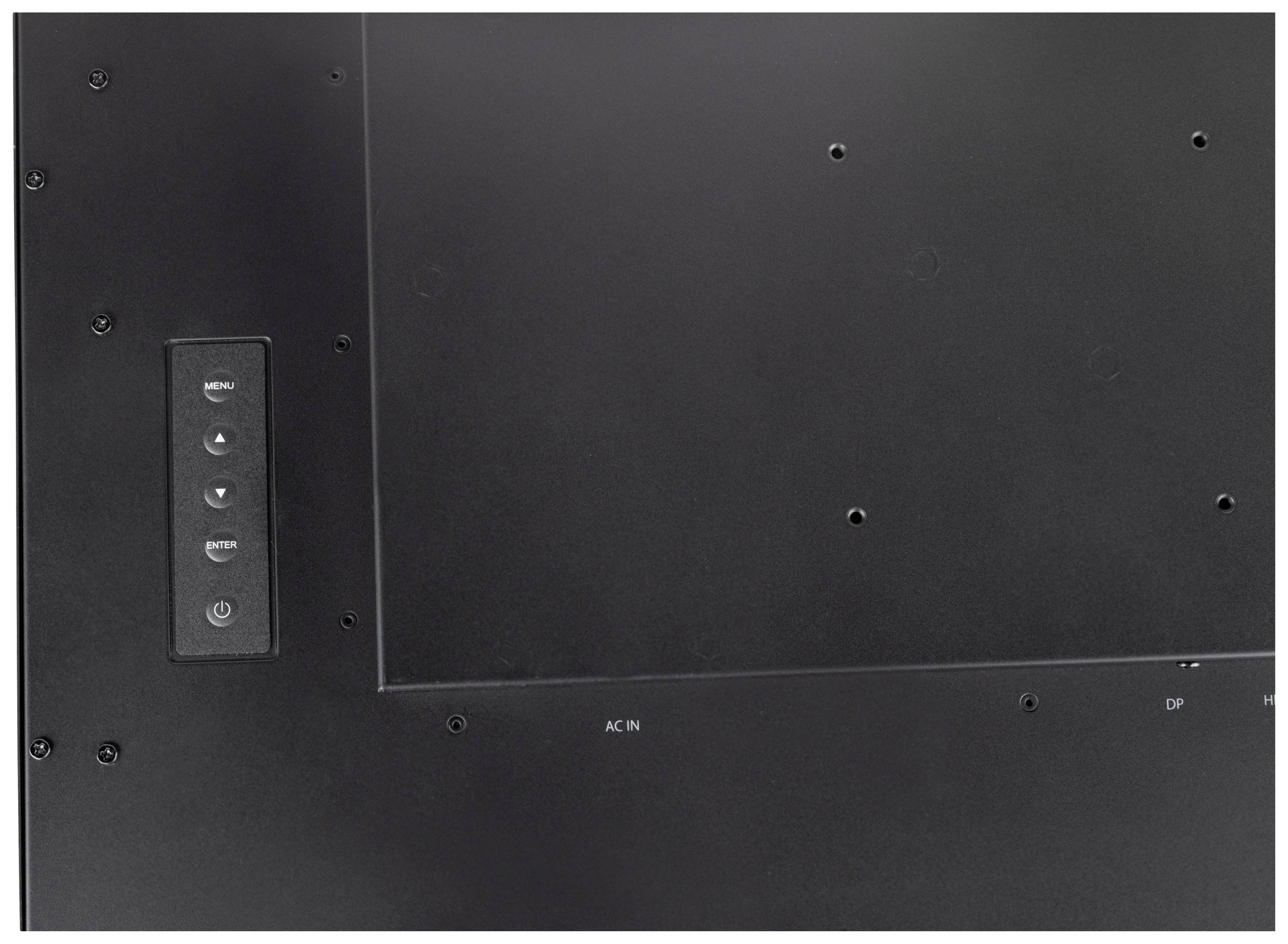 Retro di uno schermo nero con tasti visibili per menu, selezione e accensione. Fori per viti e porte di ingresso sono identificabili.