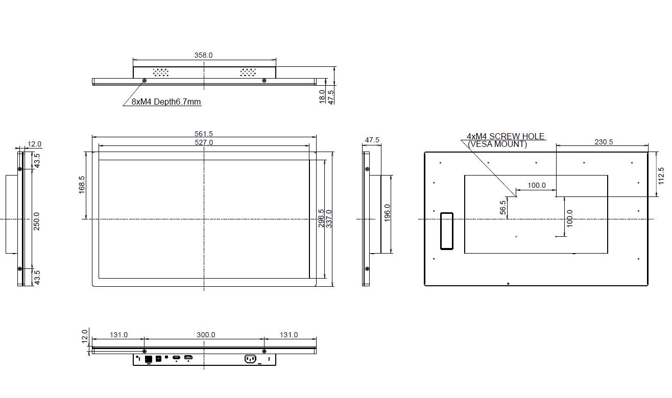 Disegno tecnico di un dispositivo rettangolare in tre proiezioni con dimensioni: vista frontale, vista laterale e vista dall'alto.