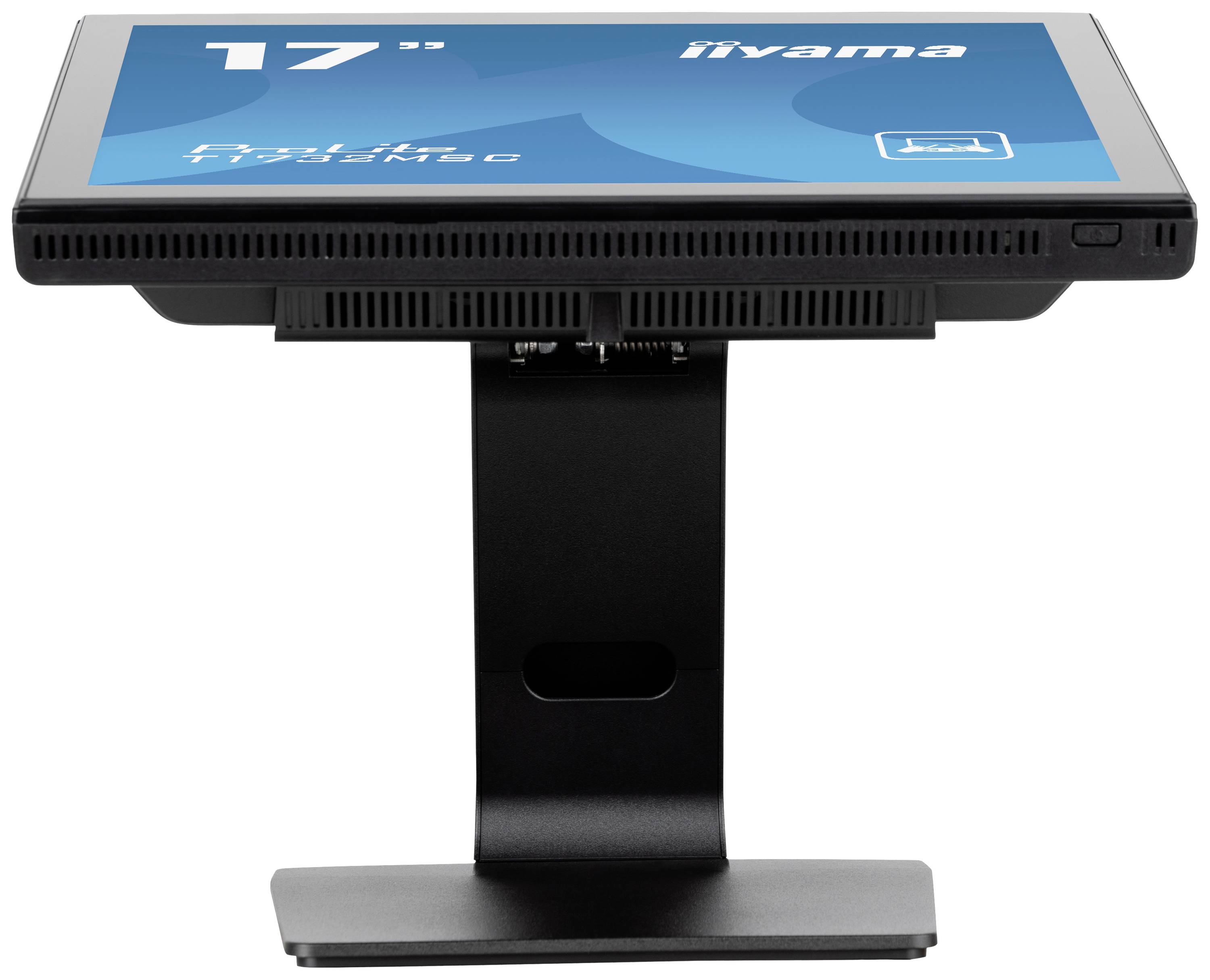 Monitor iiyama da 17 pollici con schermo blu in orientamento orizzontale, montato su un piedistallo nero.
