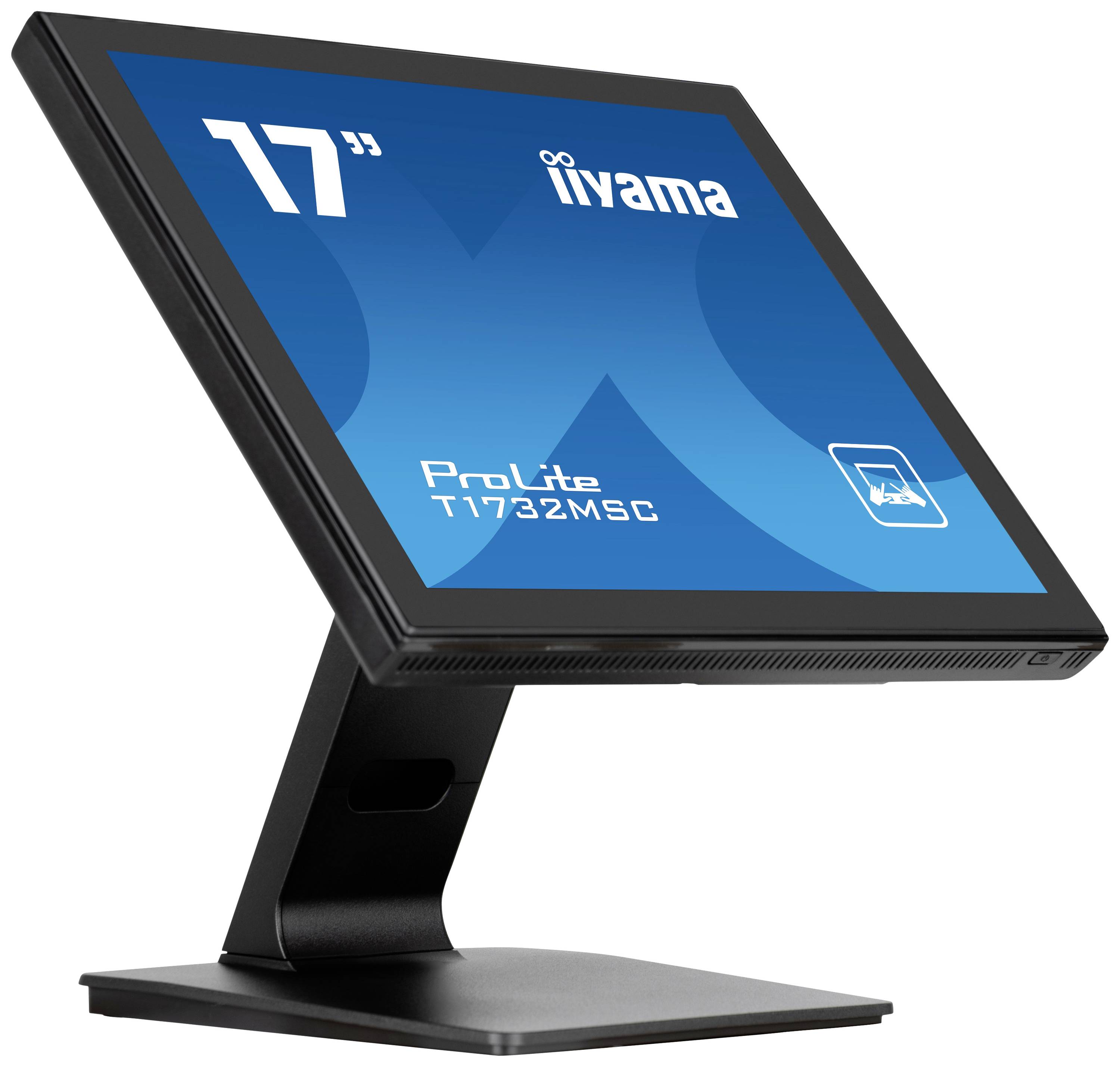 Un monitor touchscreen nero da 17 pollici del marchio Iiyama, modello ProLite T1732MSC, poggiato su un supporto, leggermente inclinato.