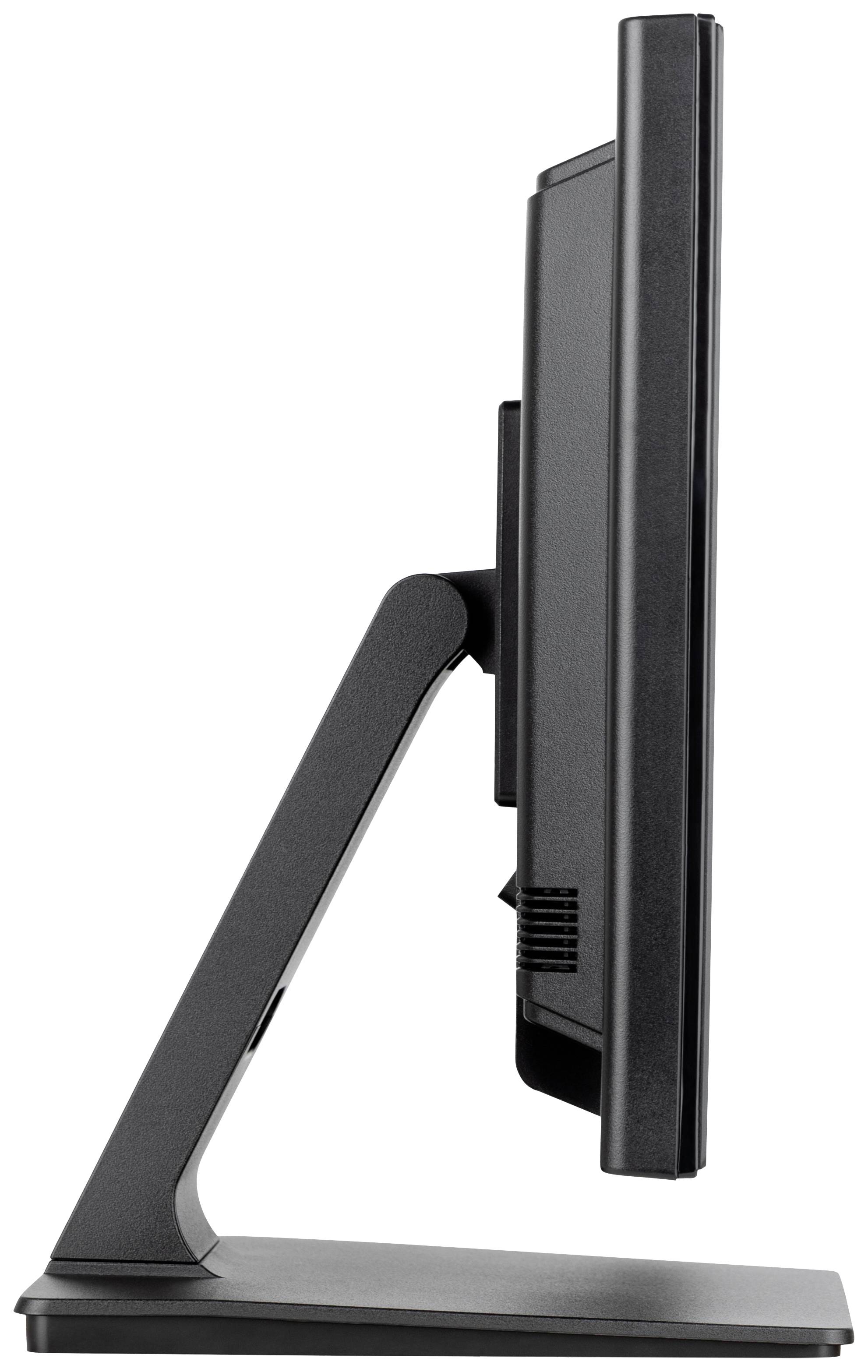 Un'immagine di un monitor nero visto di lato, poggiato su un tavolo. Il monitor ha un design essenziale e minimale.