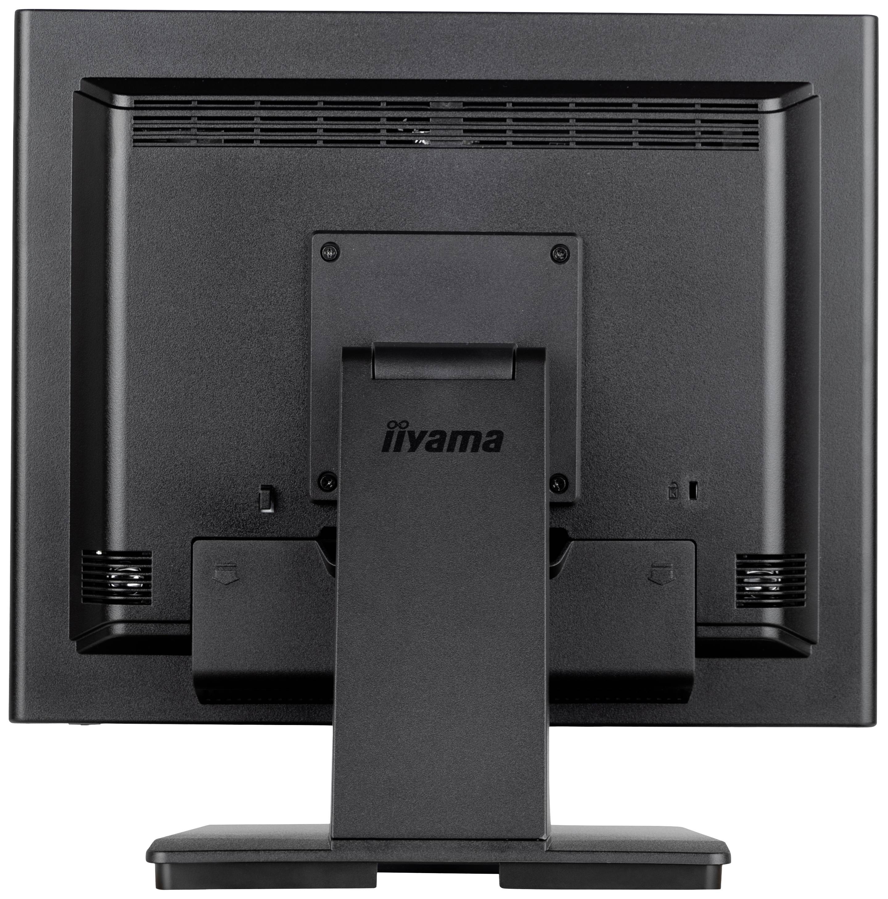 Vista posteriore di un monitor nero con una base stabile. Il design è essenziale e funzionale.